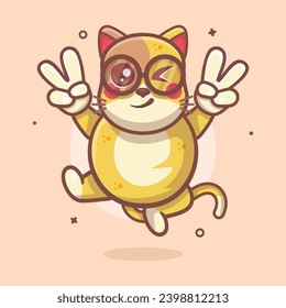 cute cat character mascot with peace sign hand gesture isolated cartoon 