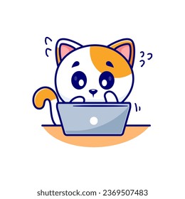 cute cat character on laptop illustration emotes sticker element collection isolated