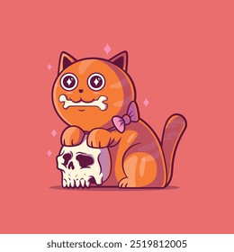 A Cute Cat Character on top of a skull vector illustration. Mascot, funny design concept.