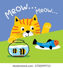 Nette Katze Charakter spielen mit Fischschüssel auf Tisch Illustration. Spielerisches Konzept für Kinder
