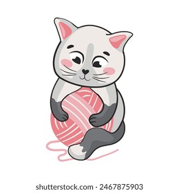 Cute cat character playing with the pink yarn in cartoon style for sticker design or print,  funny pet for kids