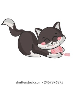 Cute cat character playing with the pink yarn ball in cartoon style for sticker design or print, adorable pet for kids, cozy knitting theme