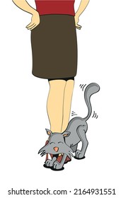 Cute Cat Character Purring And Rubbing On Woman’s Legs With Her Hands On Hips. Funny Cartoon Style Humorous Vector Illustration.