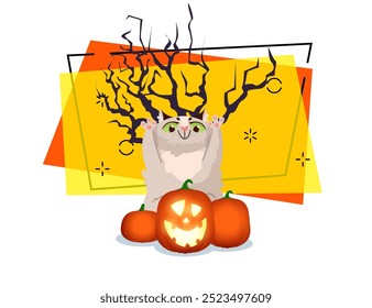 Netter Katzencharakter mit erhabenen Pfoten unter Kürbislaterne, Vektorgrafik. Nackte Baumzweige auf abstraktem Hintergrund. Halloween, Haustier, magisches Konzept. Kann für Banner- oder Einladungsdesign verwendet werden