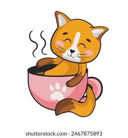 Cute cat character relaxing in cup of coffee, waking up in the morning, sleeping in cup in cartoon style for kids