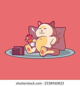 Cute Cat Character relaxing watching TV vector illustration. Mascot, Pet design concept.