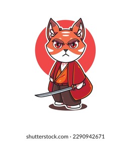 Cute cat character samurai holding a sword of japanese katana on red circle and white background. cute samurai cat mascot. vector illustration cute cat character