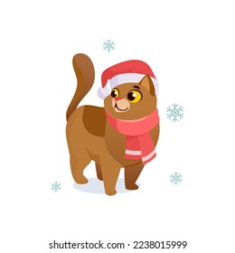 A cute cat character in a Santa hat and scarf isolated on white background with snowflakes. Sticker of an adorable holiday kitten. Christmas or New Year card design. Cartoon style vector illustration.