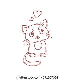 Cute cat character. Satisfied fed kitten. Pet in love.