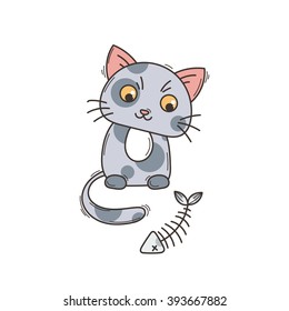 Cute cat character. Satisfied fed kitten. Wary fishbone.
