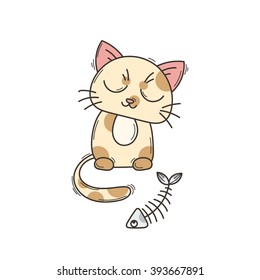 Cute cat character. Satisfied fed kitten. Wary fishbone.