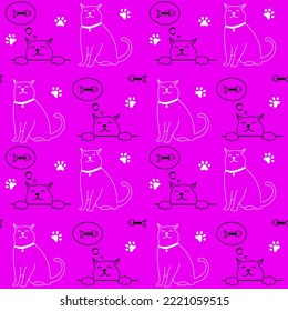 Cute cat character seamless pattern isolated on purple background. Simple doodle drawing in outline style. Vector wallpaper print template with kitty dreaming of fish.