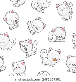 Cute cat character. Seamless pattern. Kawaii cartoon kitten. Vector drawing. Design ornaments.