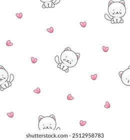 Cute cat character. Seamless pattern. Kawaii cartoon kitten. Vector drawing. Design ornaments.