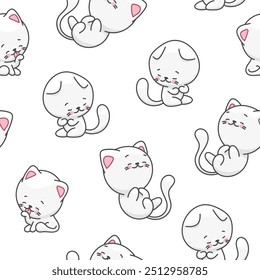 Cute cat character. Seamless pattern. Kawaii cartoon kitten. Vector drawing. Design ornaments.