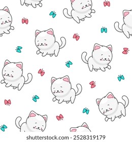 Cute cat character. Seamless pattern. Kawaii cartoon kitten. Vector drawing. Design ornaments.