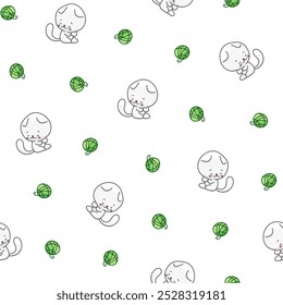 Cute cat character. Seamless pattern. Kawaii cartoon kitten. Vector drawing. Design ornaments.
