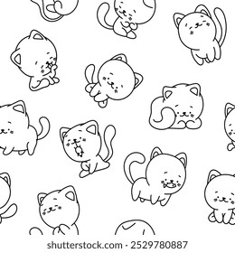Nette Katze Charakter. Nahtloses Muster. Malvorlage. Kawaii-Karikaturenkätzchen. Vektorgrafik. Gestalten Sie Ornamente.