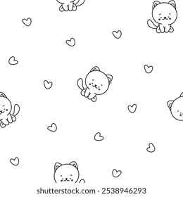 Cute cat character. Seamless pattern. Coloring Page. Kawaii cartoon kitten. Vector drawing. Collection of design ornaments.