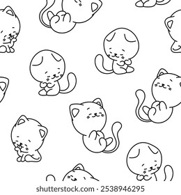 Cute cat character. Seamless pattern. Coloring Page. Kawaii cartoon kitten. Vector drawing. Collection of design ornaments.