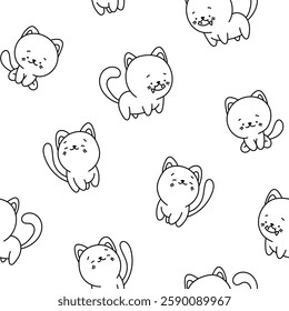 Cute cat character. Seamless pattern. Coloring Page. Kawaii cartoon kitten. Vector drawing. Design ornaments.