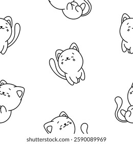 Cute cat character. Seamless pattern. Coloring Page. Kawaii cartoon kitten. Vector drawing. Design ornaments.