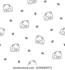 Cute cat character. Seamless pattern. Coloring Page. Kawaii cartoon kitten. Vector drawing. Design ornaments.