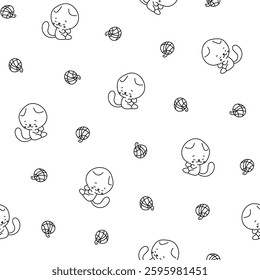 Cute cat character. Seamless pattern. Coloring Page. Kawaii cartoon kitten. Vector drawing. Design ornaments.