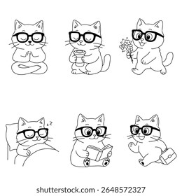Conjunto de Personagens Gato Bonito, Gatos Animados com Óculos, Gatinho Engraçado Clipart para Crianças e Educação