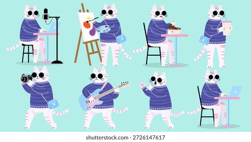 Conjunto de personagens de gato bonito com vários hobbies e atividades artísticas
