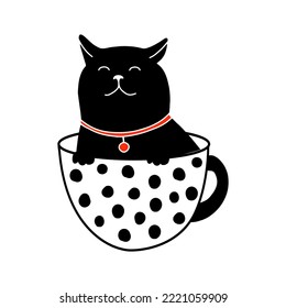 Cute cat character sitting on a cup, doodle illustration isolated on white background. Simple animal drawing in outline style. Vector adorable t-shirt print template.