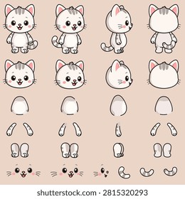 Cute Cat Character Sprite Sheet Vector - Front, Side, Back Views with Separate Body Parts for 2D Game Animation