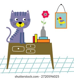 Netter Katzencharakter, der auf dem Tisch steht, mit einfacher Deko-Illustration. Kinder-Innenkonzept
