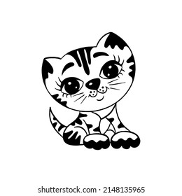 A cute cat character, a sweet little kitty with stripes, a black and white hand-drawn kitten illustration 
