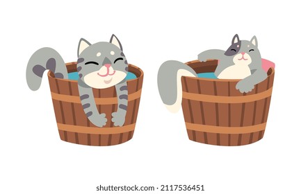 Cute Cat Character Taking Hot Bath in Wooden Plunge Tub Vector Set