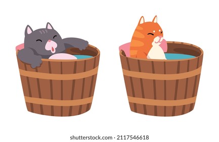 Cute Cat Character Taking Hot Bath in Wooden Plunge Tub Vector Set