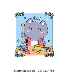 Cute cat character, taro card. Cartoon vector illustration in kawaii style