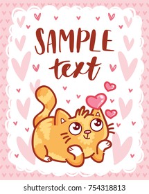 Cute Cat character thinking, missing you on romantic pink back. Vector hand drawn cartoon, doodle style illustration with place for your text. 