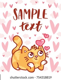 Cute Cat character thinking, missing you on romantic pink back. Vector hand drawn cartoon, doodle style illustration with place for your text. 