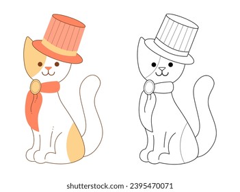 Cute cat character with top hat and neckerchief. Flat color and black and white vector illustration.