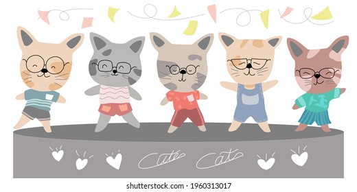 Cute cat character vector set, colorful happy cat design for illustration, card, sticker, background, pattern, cartoon animal, party, clip art, digital printing,  illustrations  for kids and more.