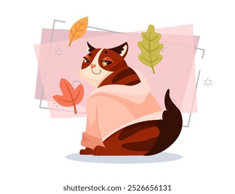 Cute cat character in warm clothes vector illustration. Cartoon domestic animal sitting at home. Leaves on abstract background. Autumn or fall, pet concept