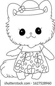 A cute cat character wearing a beautiful dress and a small hat - coloring page