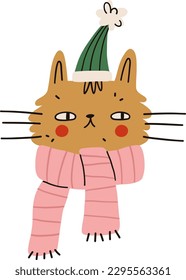 Cute cat character wearing hat and scarf. Vector illustration.