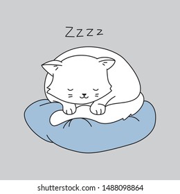 Cute cat character. White kitten is sleeping on a blue pillow. Vector illustration.