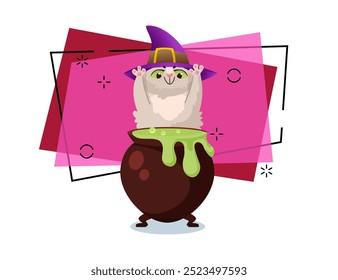 Cute cat character in witch hat brewing potion in cauldron vector illustration on abstract background. Halloween, pet, magic concept. Can be used for banner, poster or invitation design