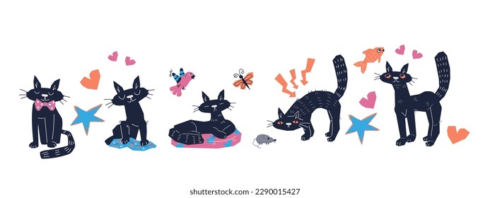 Cute cat characters collection in different poses flat vector illustration isolated on white background. Set of funny pet animals. Domestic black cat for veterinary and pets care theme.