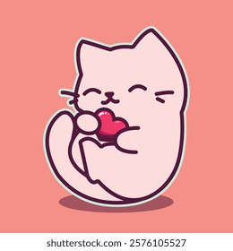 Cute cat charecter with heart vector flat cartoon kawaii illustration. Cute illustration for Valentine's Day, web, stickers, design menu, print.