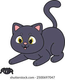 Cute cat chasing spider vector illustration