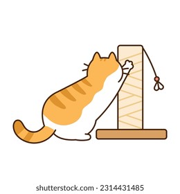 Cute cat. Cheese tabby cat scratching her nails on a cat tower pole.